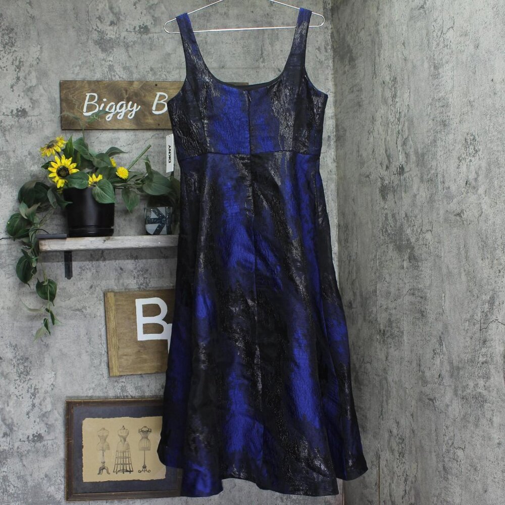 NWT DKNY Womens Metallic Jacquard Scoop-Neck Midi Dress Navy Blue 8 - Picture 7 of 13
